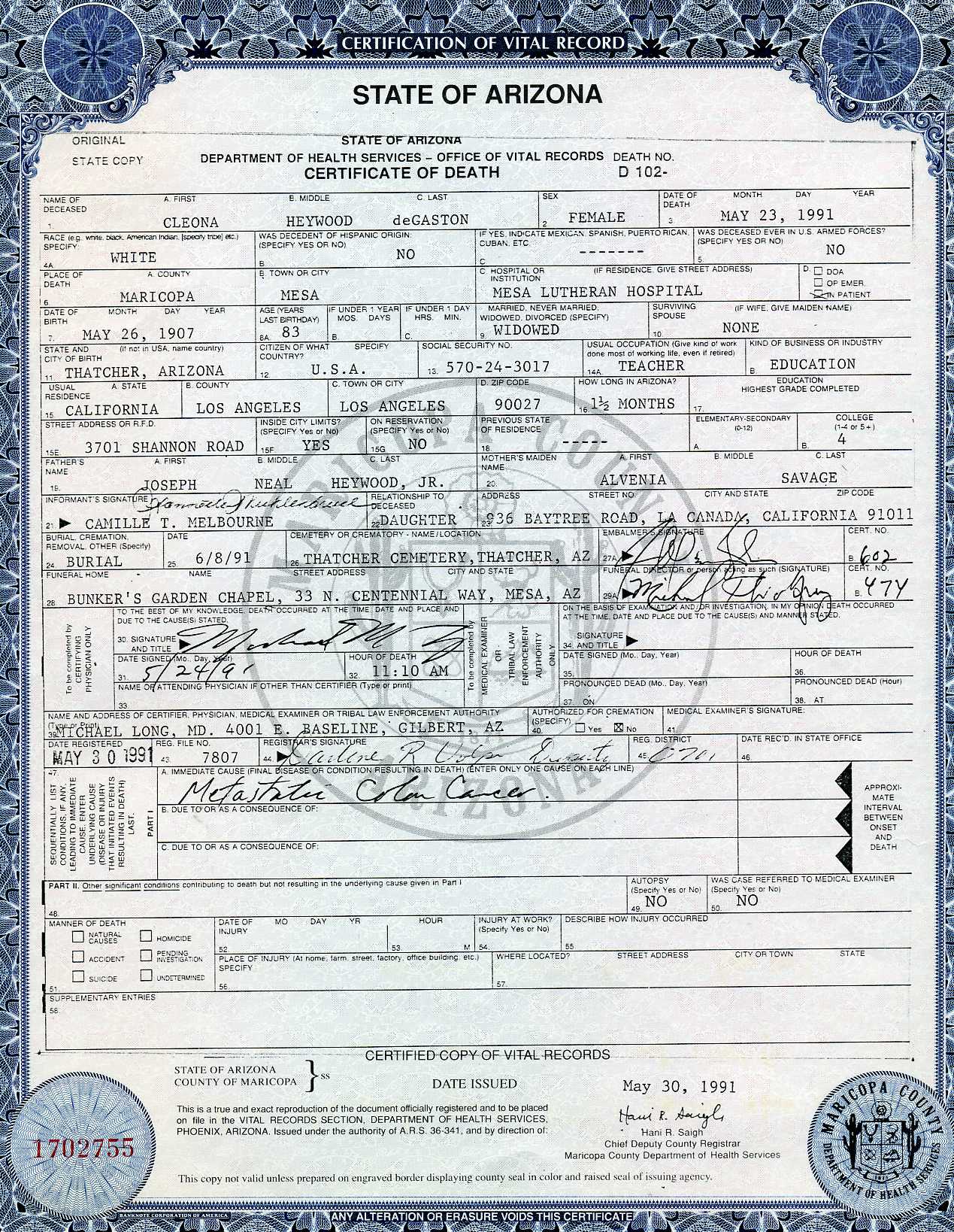 Death Certificate of Cleona H. de Gaston